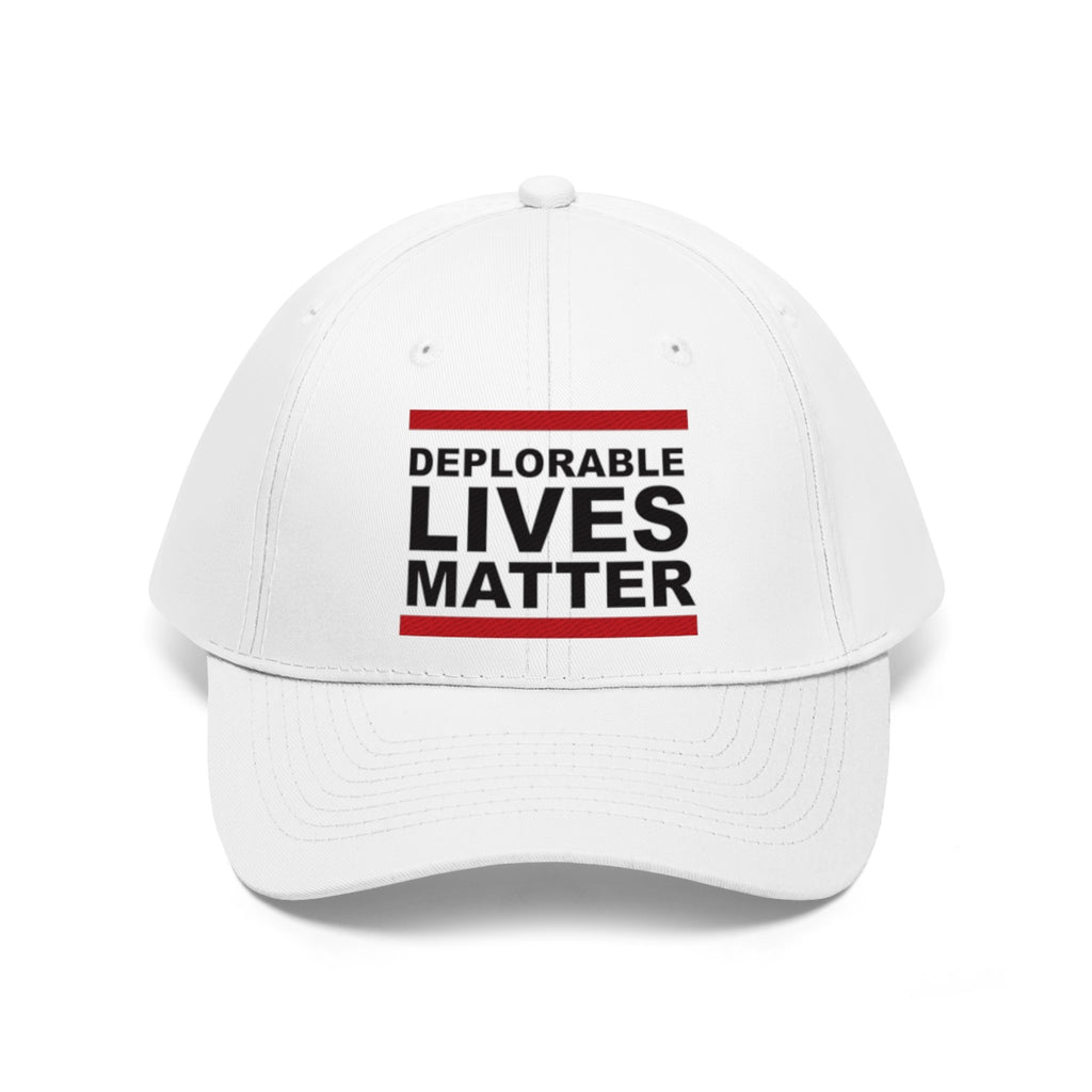 Deplorable Lives Matter Twill Cap featuring bold text on a stylish white dad hat.