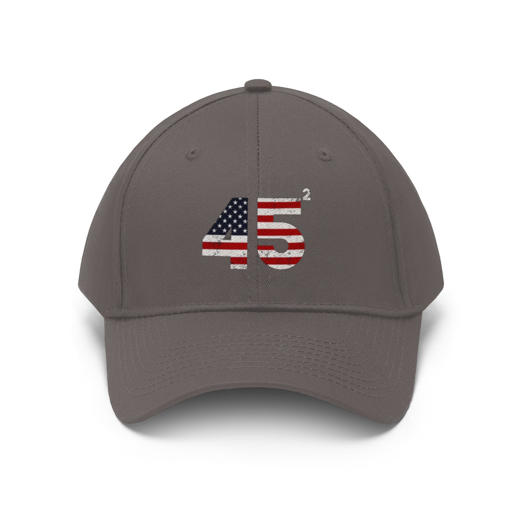 45 Squared Twill Cap Bold Numeric Statement Hat featuring the American flag design in vibrant colors.