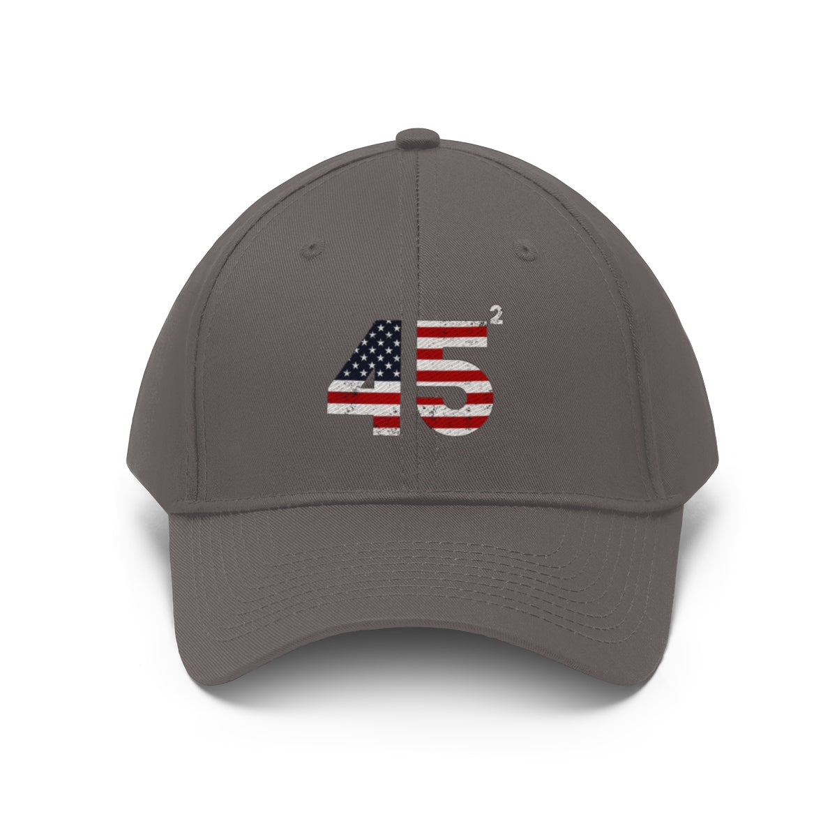 45 Squared Twill Cap Bold Numeric Statement Hat featuring the American flag design in vibrant colors.