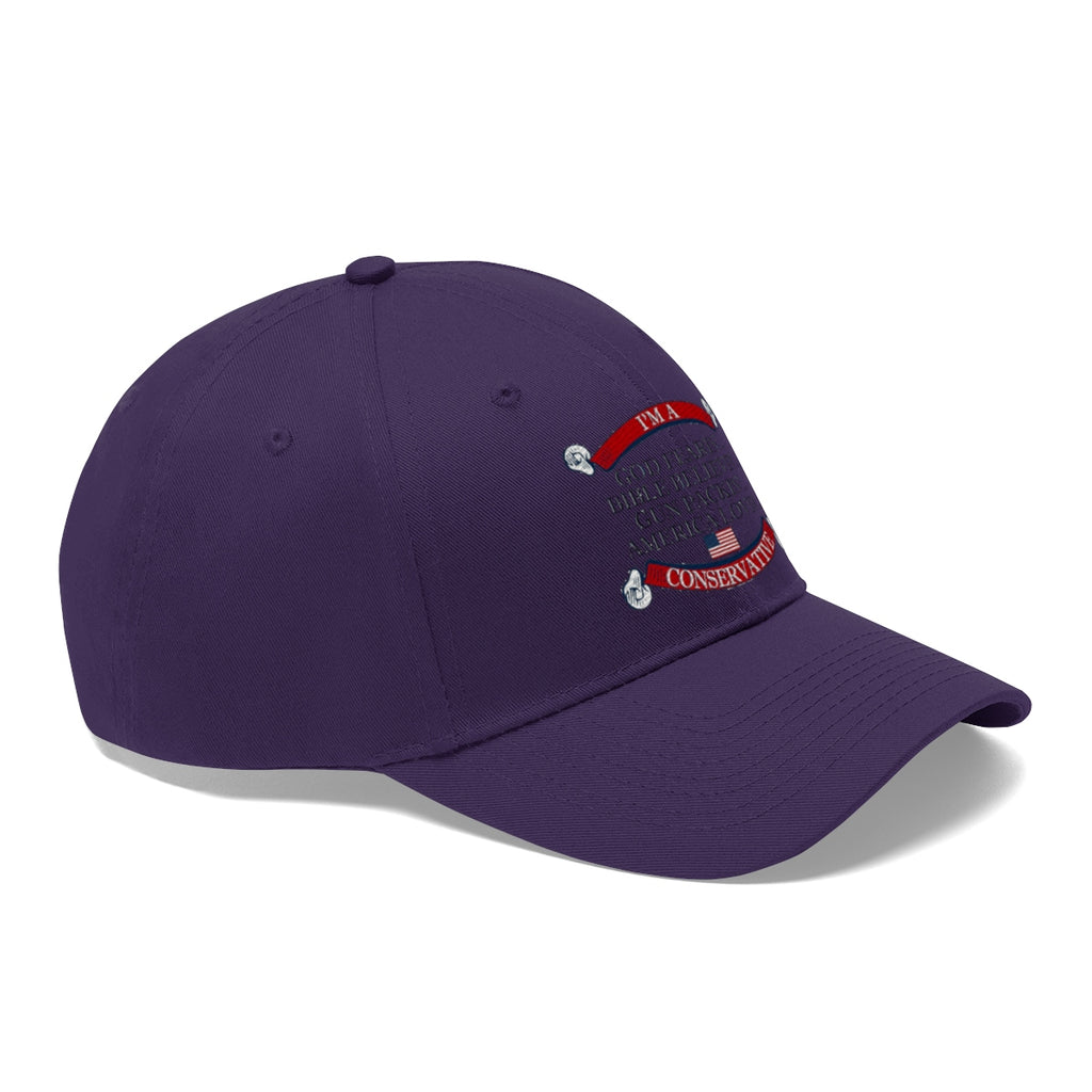 America Lovin' Conservative Twill Cap in purple showcasing patriotic design and traditional values.