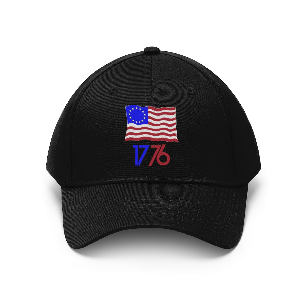 Betsy Ross Flag 1776 Twill Cap featuring embroidered 1776 and American flag design on black background.