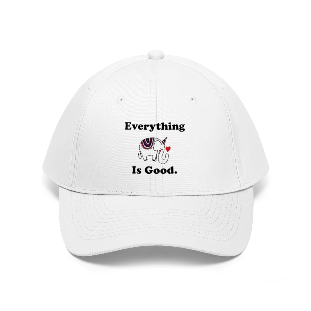 Everything Is Good With GOP Elephant Symbol Twill Cap featuring a playful elephant design on a white background.