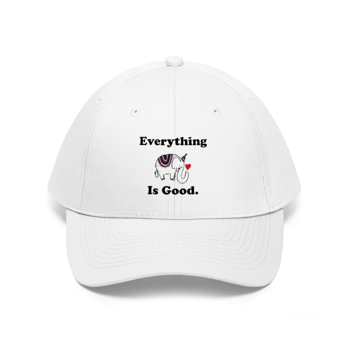 Everything Is Good With GOP Elephant Symbol Twill Cap featuring a playful elephant design on a white background.