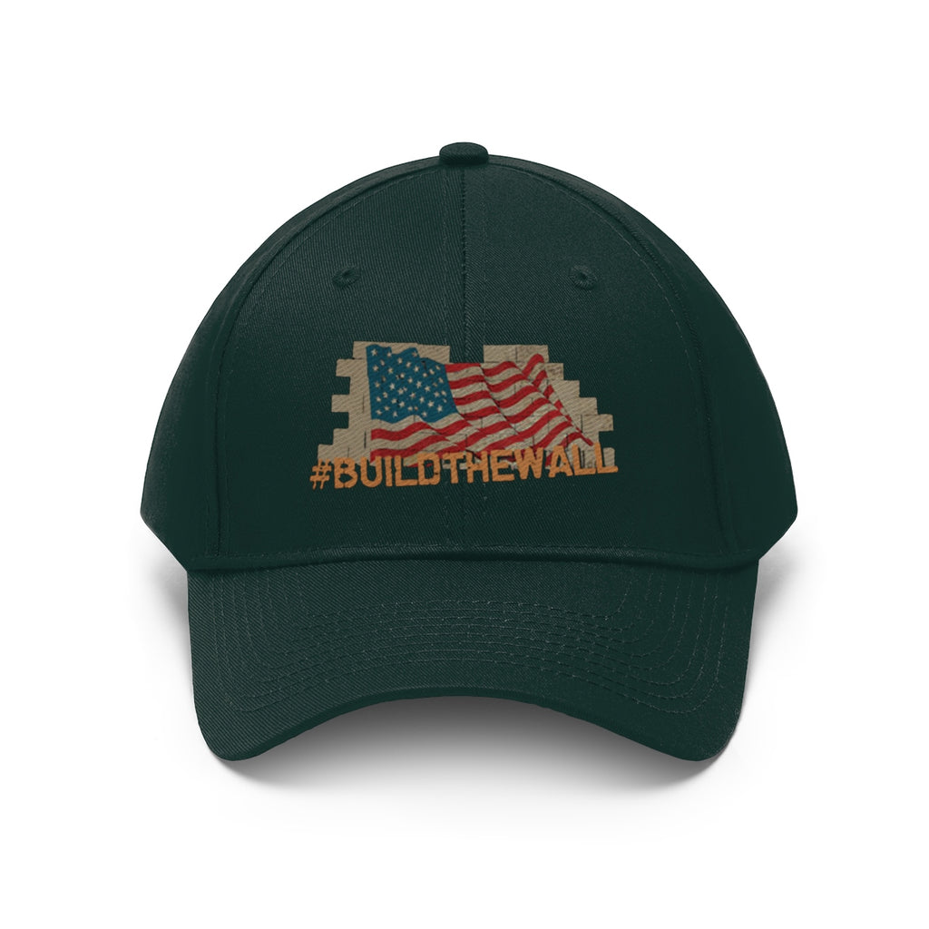 Build The Wall On American Flag Twill Cap featuring American flag design and #BUILDTHEWALL messaging.