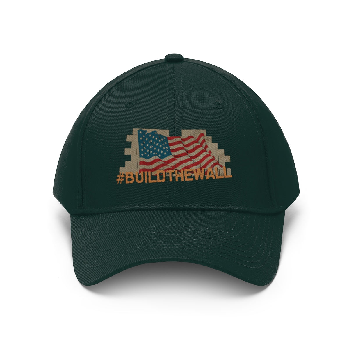 Build The Wall On American Flag Twill Cap featuring American flag design and #BUILDTHEWALL messaging.