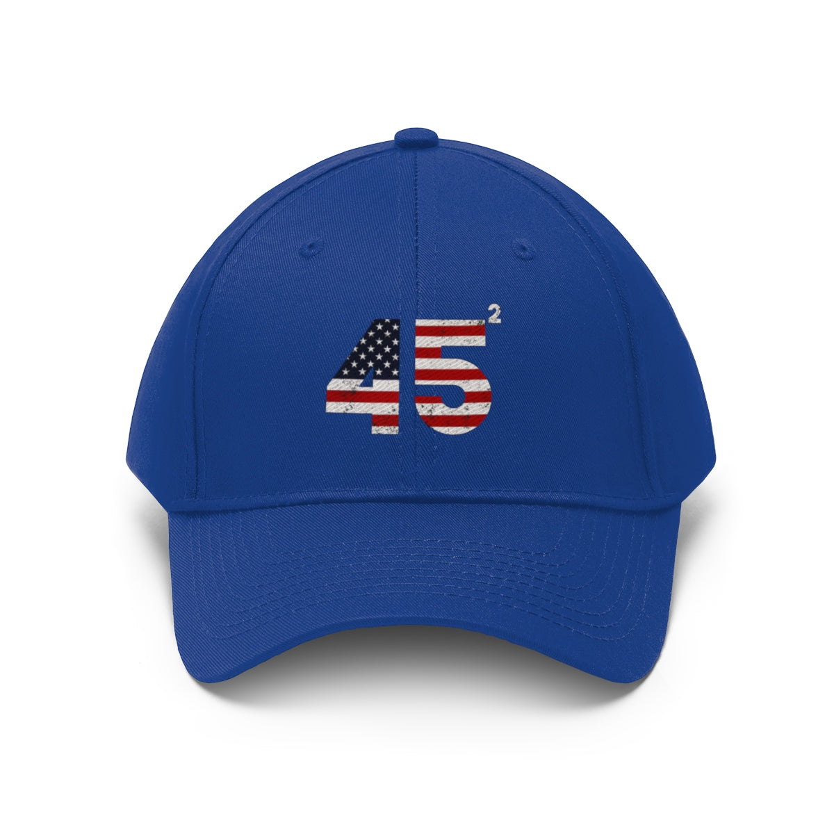45 Squared Twill Cap Bold Numeric Statement Hat in blue with American flag design on front.