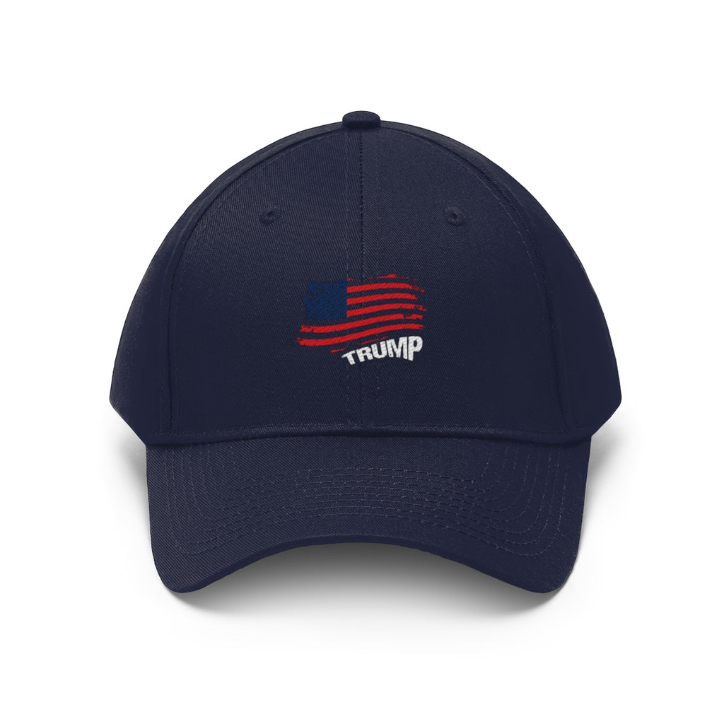 American Flag Twill Cap Trump Bold Supporter Cap featuring American flag design and TRUMP lettering.