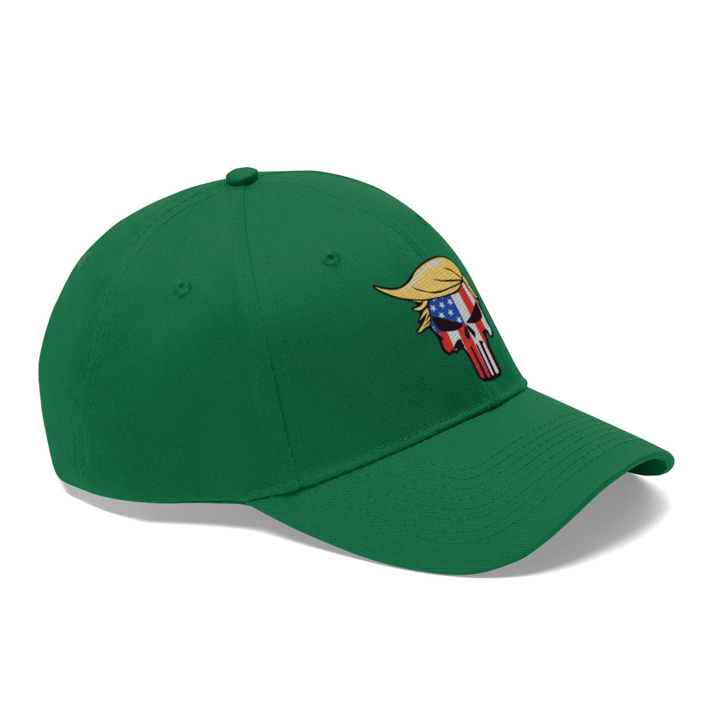 Classic Punisher Twill Cap with Trump Design in green, featuring a unique Trump-inspired logo.
