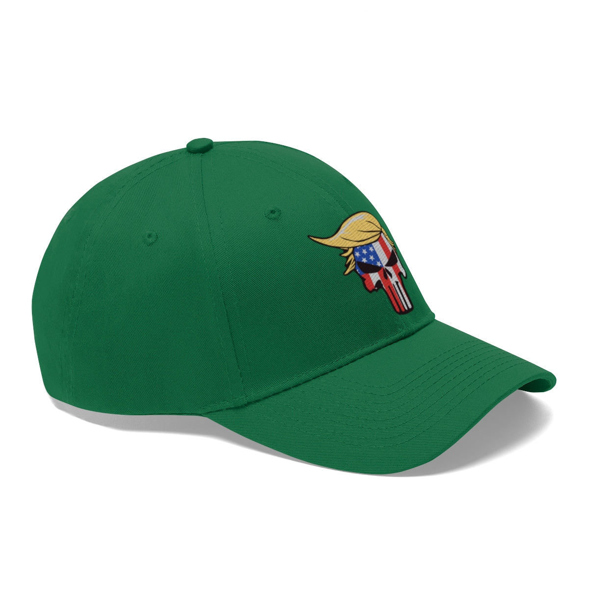 Classic Punisher Twill Cap with Trump Design in green, featuring a unique Trump-inspired logo.