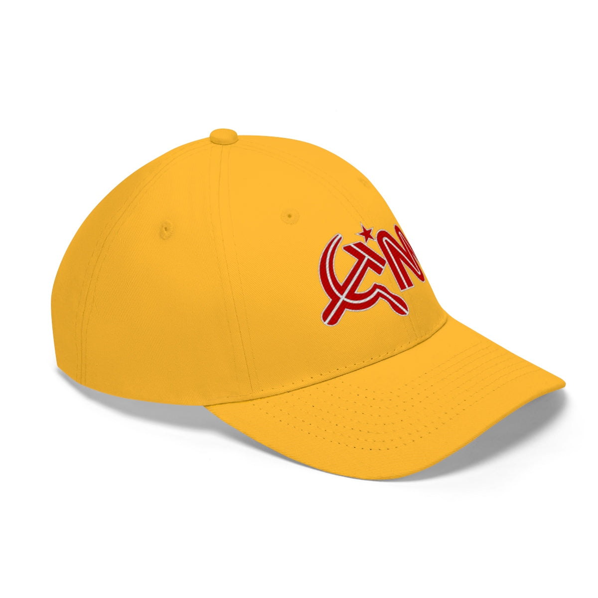 CNN Logo as Hammer and Sickle Twill Cap yellow dad hat, bold political statement headwear