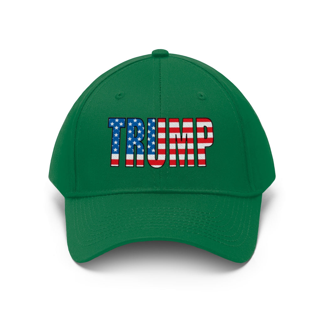 American Flag Twill Cap Patriotic Trump Classic Cap featuring bold 'TRUMP' design on a green cap.