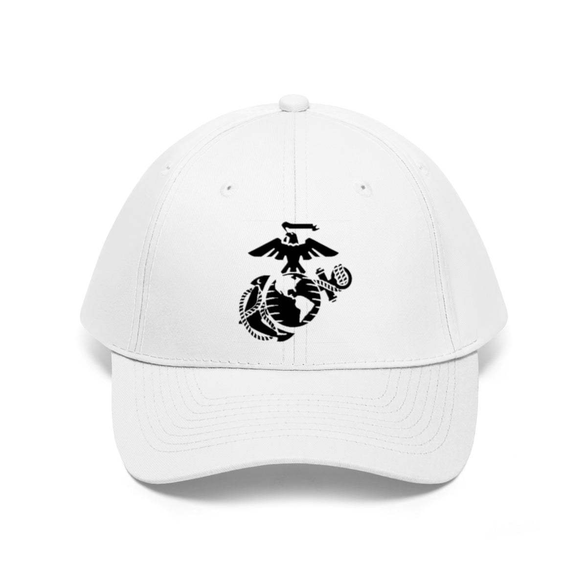 USMC Symbol Twill Cap Marine Corps Pride Hat featuring an eagle, globe, and anchor design on a white cap.