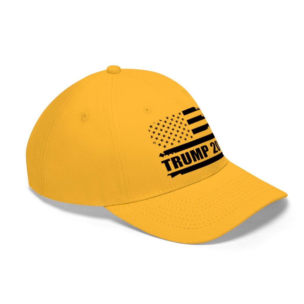2020 Twill Cap Trump Bold Supporter Cap featuring a yellow design with American flag and bold Trump 2020 text.