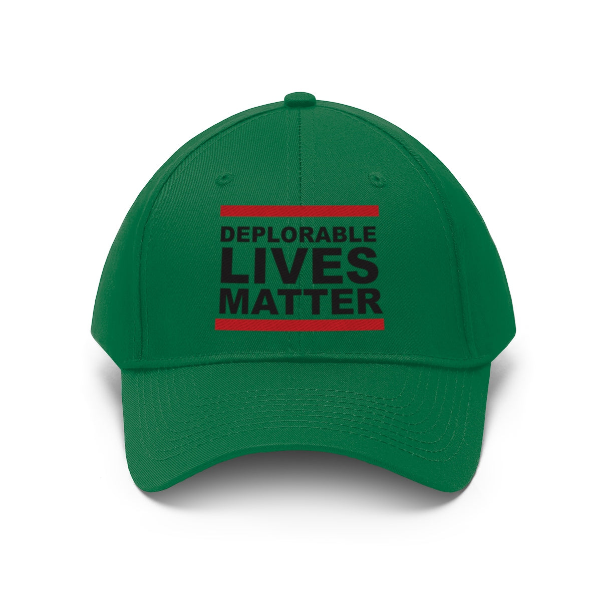 Deplorable Lives Matter Twill Cap in green color, featuring bold text for political expression and patriotism.