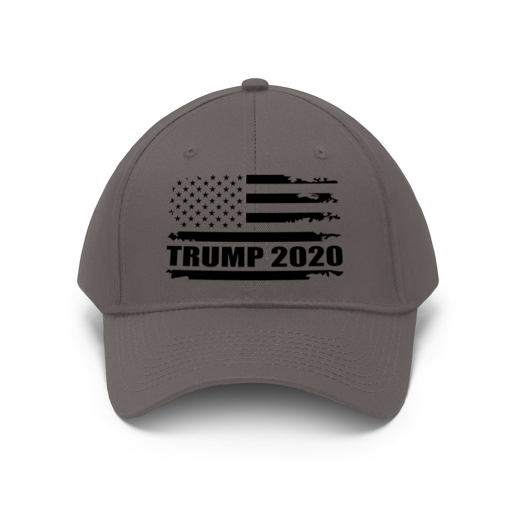 2020 Twill Cap Trump Bold Supporter Cap with American flag design and 'TRUMP 2020' text in black.