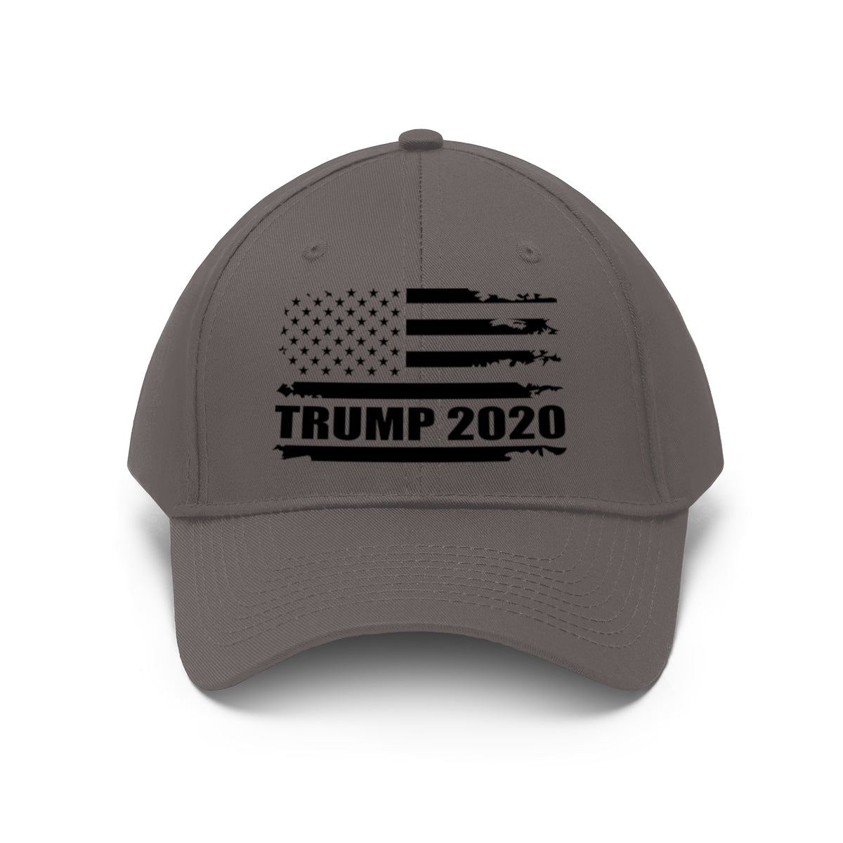 2020 Twill Cap Trump Bold Supporter Cap with American flag design and 'TRUMP 2020' text in black.