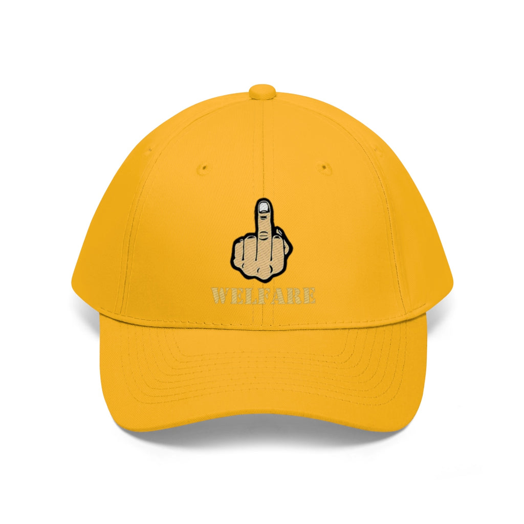 Vintage Fuck Welfare Cotton Twill Cap Design in bright yellow with a provocative design.
