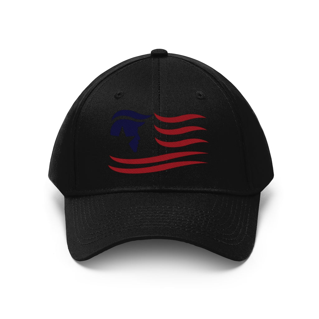 American Flag Twill Cap Trump Classic Patriotic Cap featuring a blue and red design on a black baseball hat.