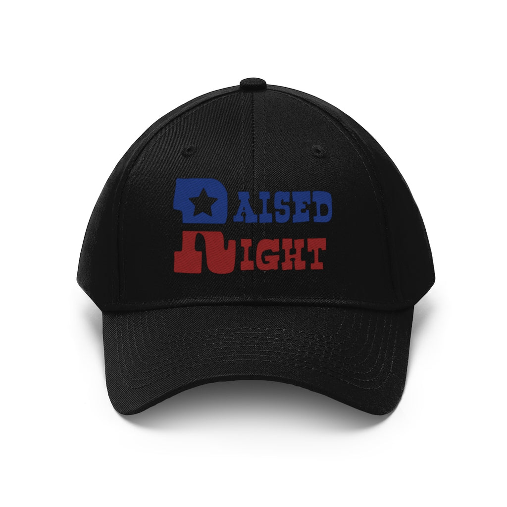 Raised Right Twill Cap Bold Values Casual Wear Cap with colorful text design on a black hat.