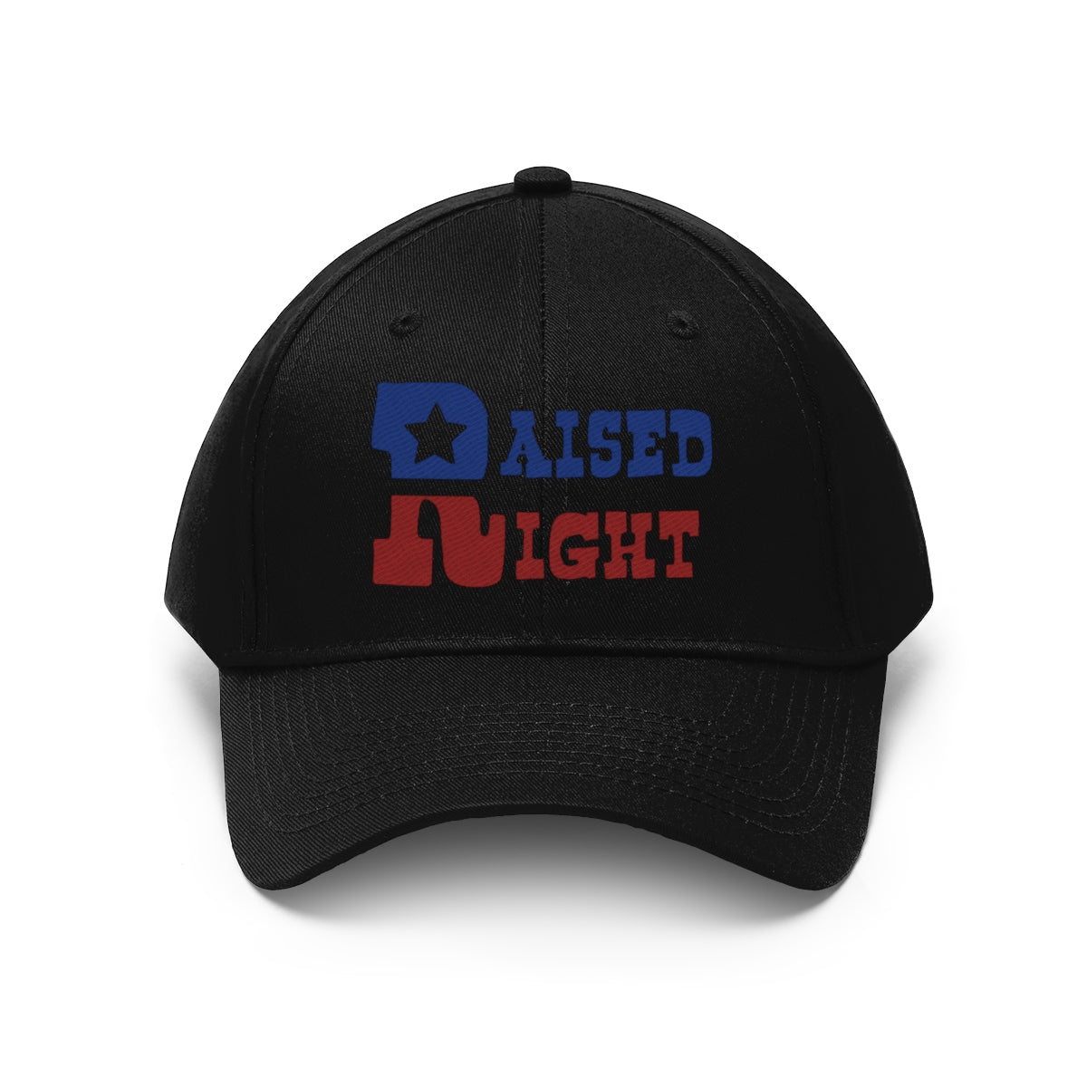 Raised Right Twill Cap Bold Values Casual Wear Cap with colorful text design on a black hat.