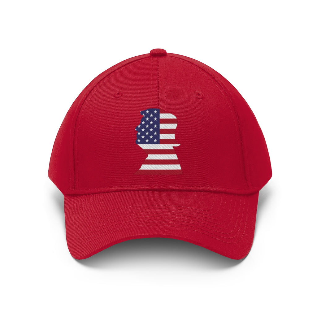 Trump American Flag SilhouetteTwill Cap showcasing a red hat with a flag silhouette design.