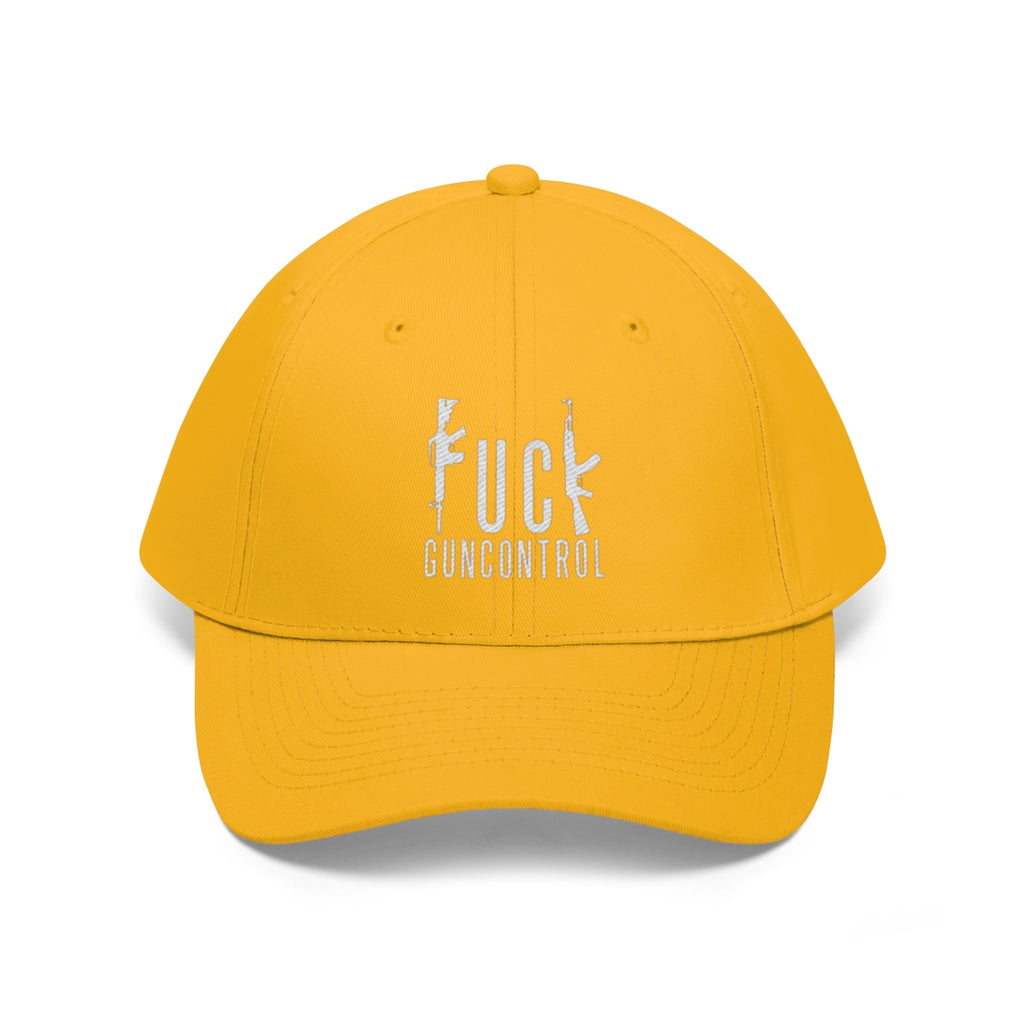 Vintage Fuck Gun Control Cotton Twill Cap in vibrant yellow color with embroidered text.