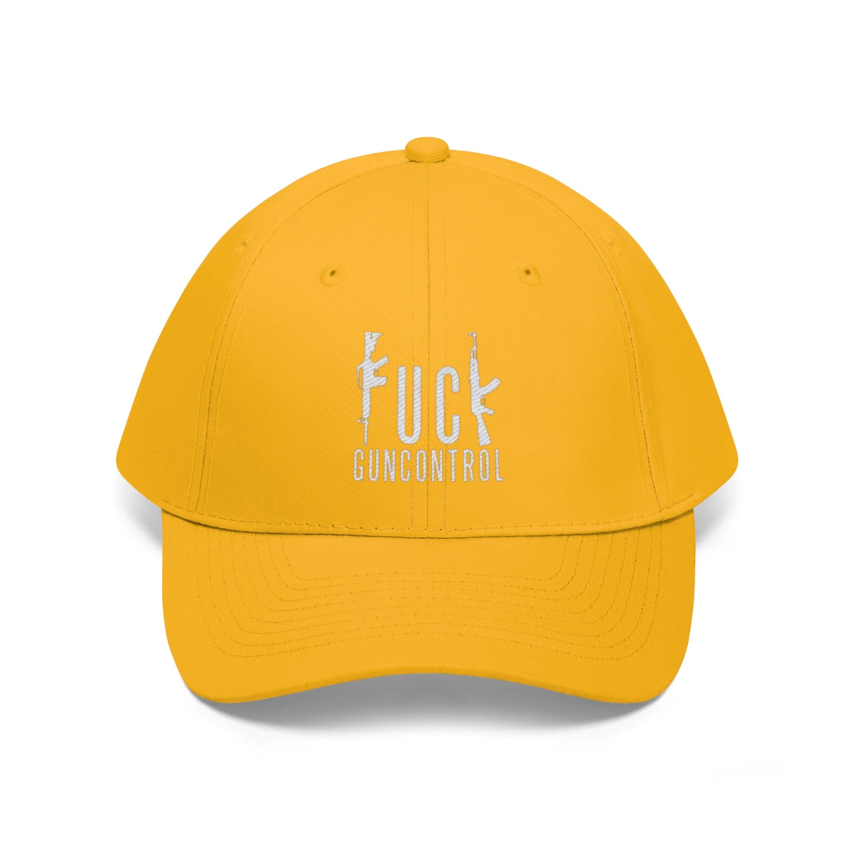 Vintage Fuck Gun Control Cotton Twill Cap in vibrant yellow color with embroidered text.
