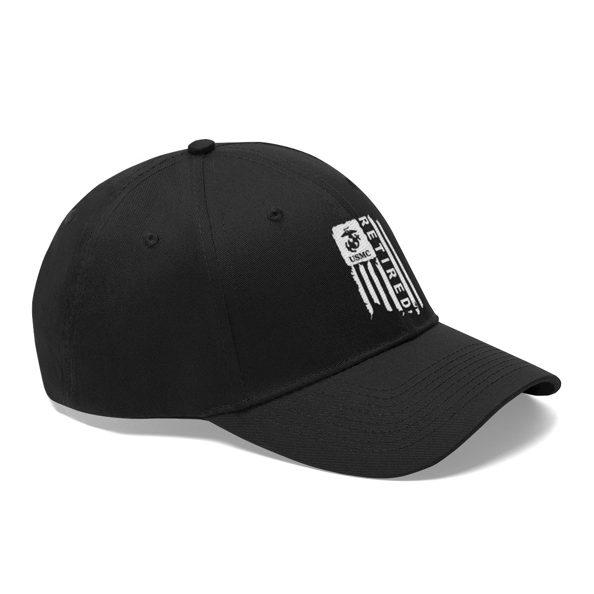 USMC Retired On Distressed American Flag Twill Cap displayed at an angle, showcasing its design and features.