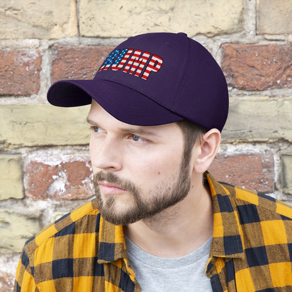 American Flag Twill Cap Patriotic Trump Classic Cap worn by a man against a brick wall background.