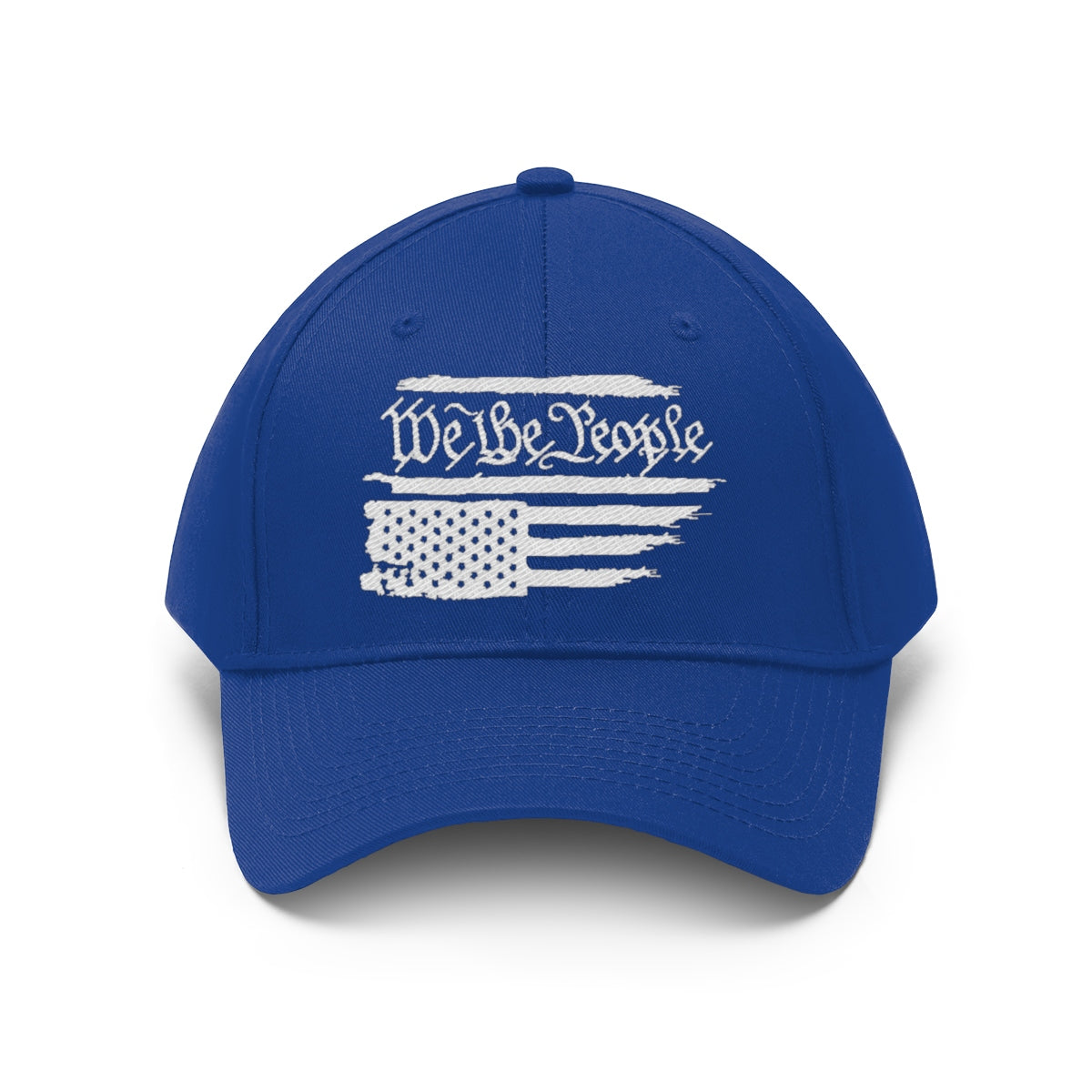 We The People On Distressed American Flag Twill Cap in blue with patriotic design.