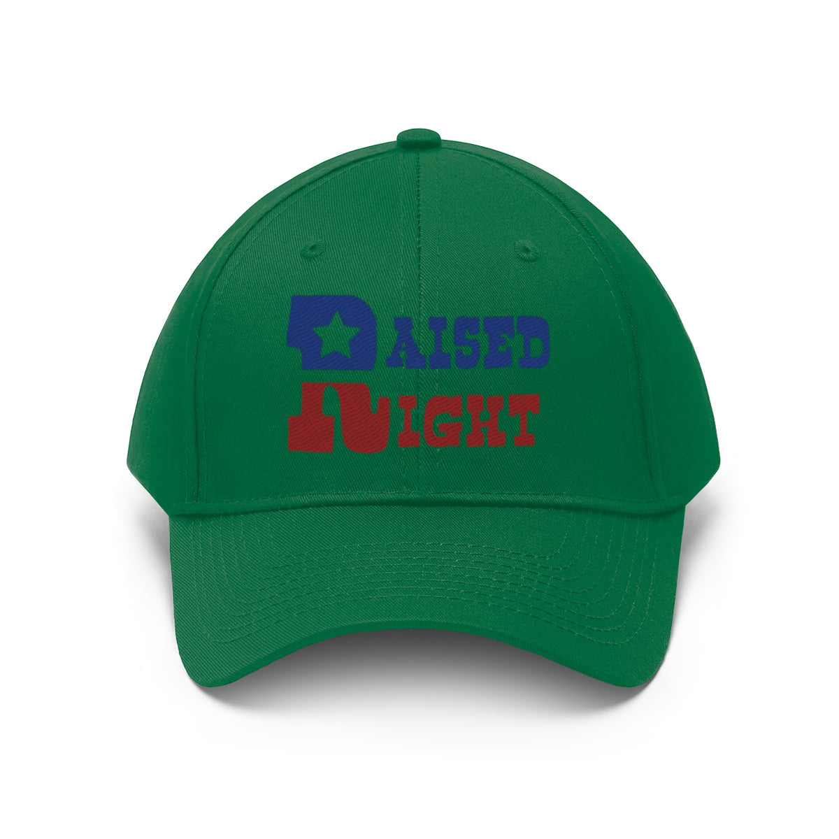 Raised Right Twill Cap Bold Values Casual Wear Cap in green with colorful printed lettering.