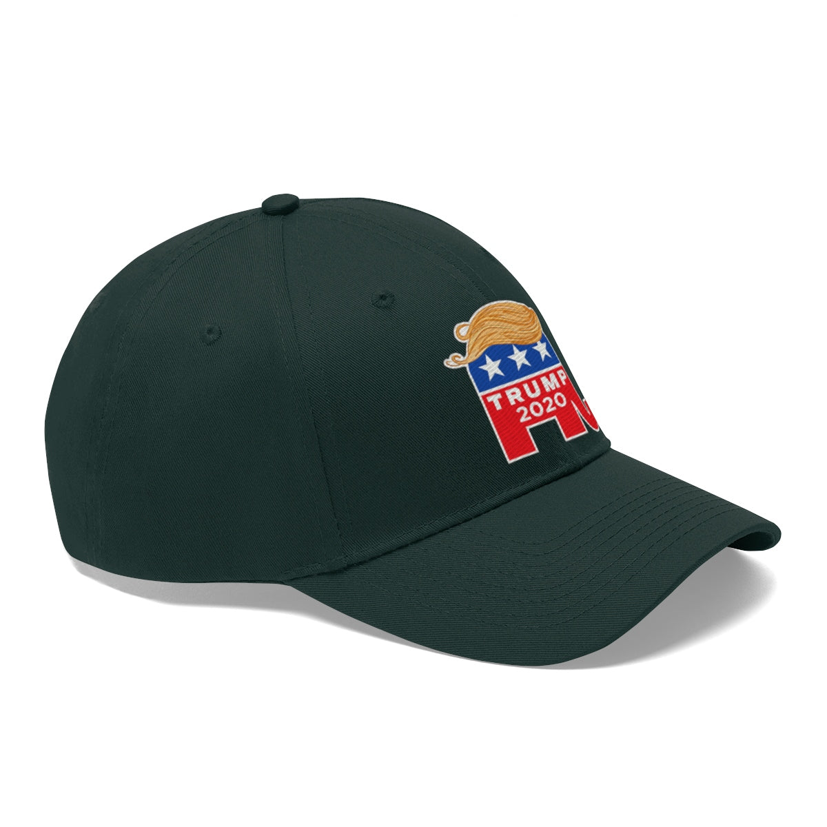 Hair 2020 Twill Baseball Cap Featuring Trump in dark green with embroidered logo and design.