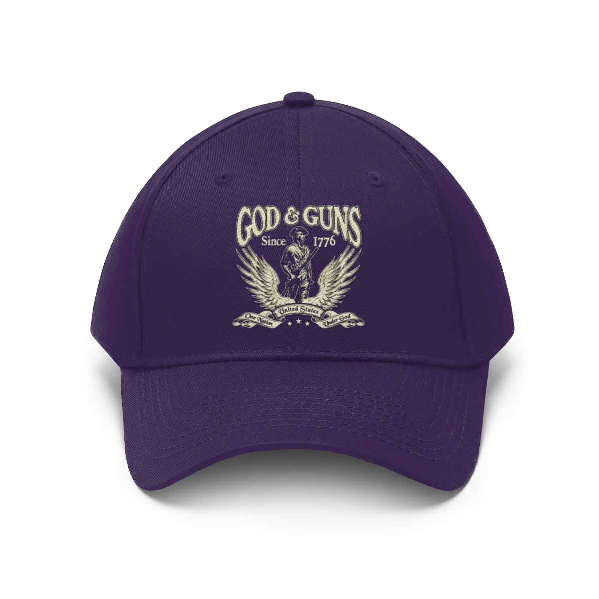 God And Guns Since 1776 Twill Cap featuring an eagle design and vintage lettering on a purple background.