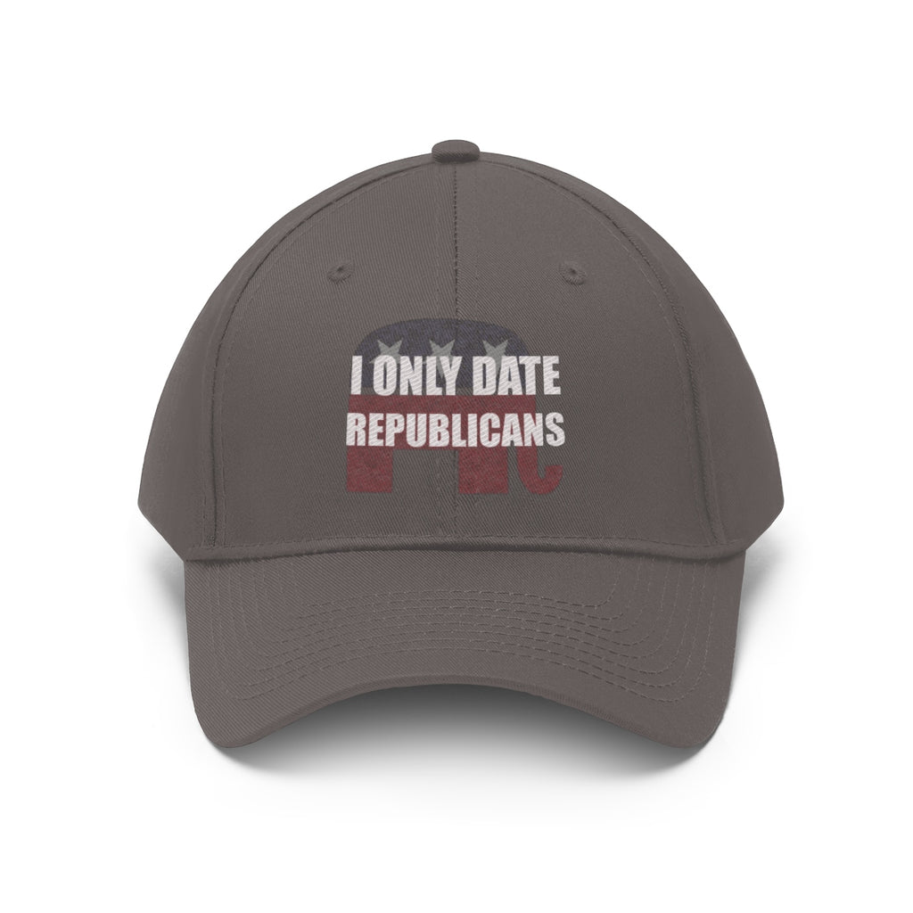 I Only Date Republicans Twill Cap featuring a bold statement design with an elephant logo.