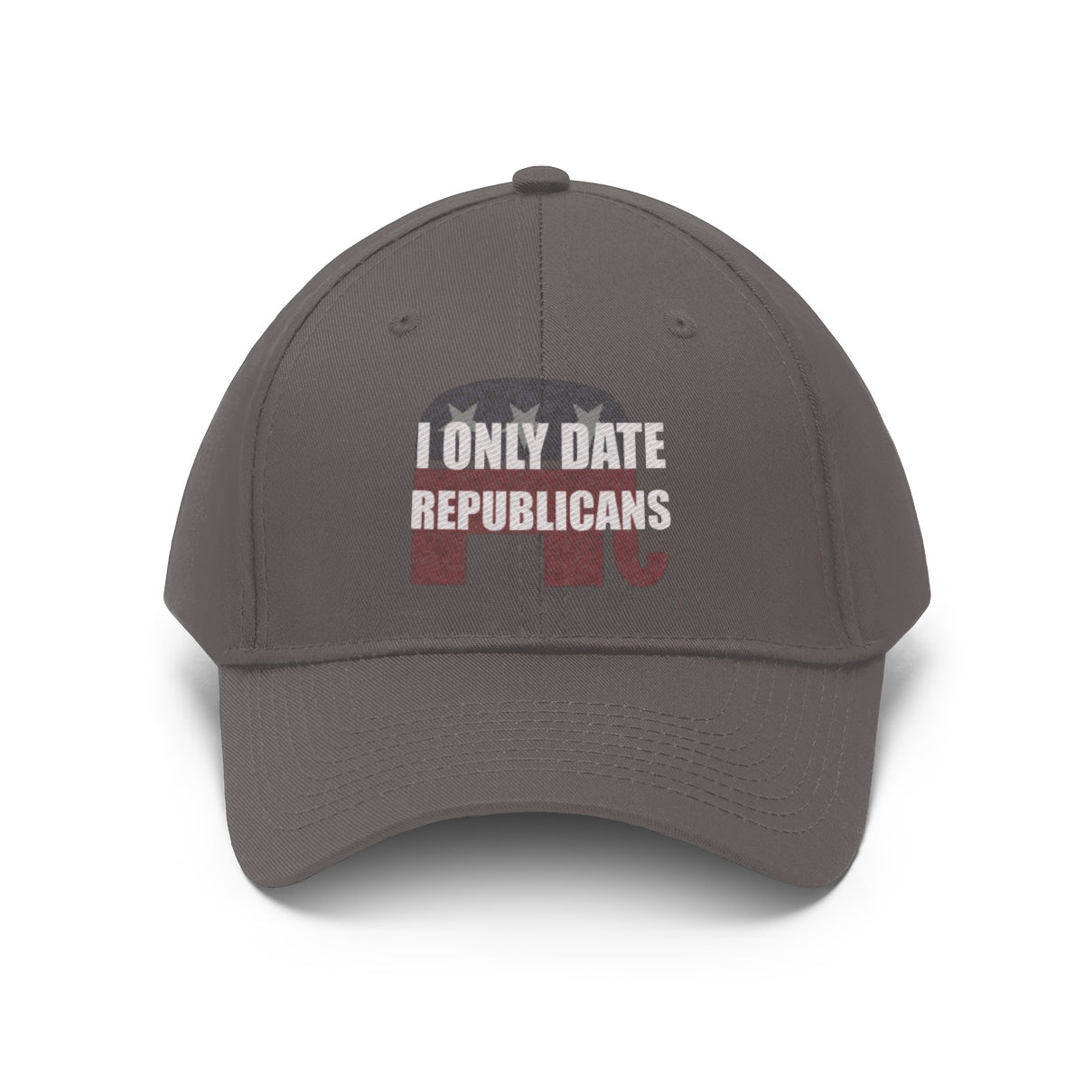I Only Date Republicans Twill Cap featuring a bold statement design with an elephant logo.