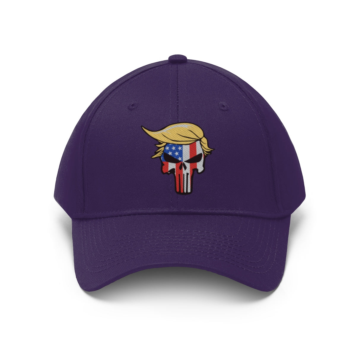 Classic Punisher Twill Cap with Trump Design featuring a Trump-themed skull logo on a purple cap.