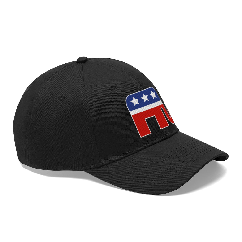GOP Symbol Twill Cap Patriotic Political Graphic Cap featuring a red and blue GOP elephant logo on a black background.