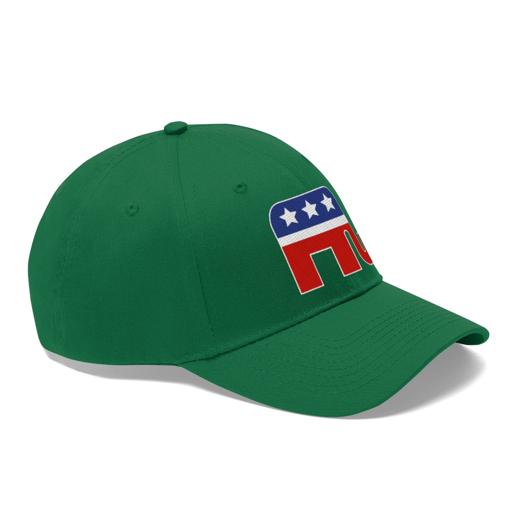 GOP Symbol Twill Cap Patriotic Political Graphic Cap in green with a red and blue GOP elephant logo.