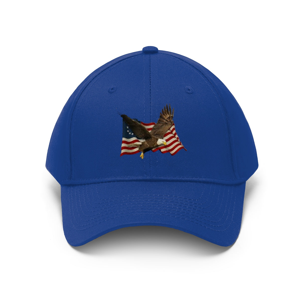 Eagle On American Flag Twill Cap featuring an eagle embroidered on an American flag backdrop.