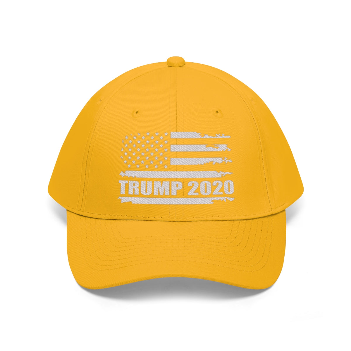 Trump 2020 Distressed American Flag Wht Ltrs Twill Cap in yellow with white lettering and flag design.
