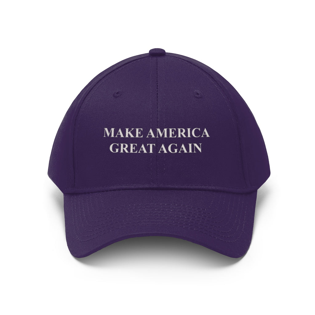 Make America Great Again Twill Cap in purple with classic campaign message.