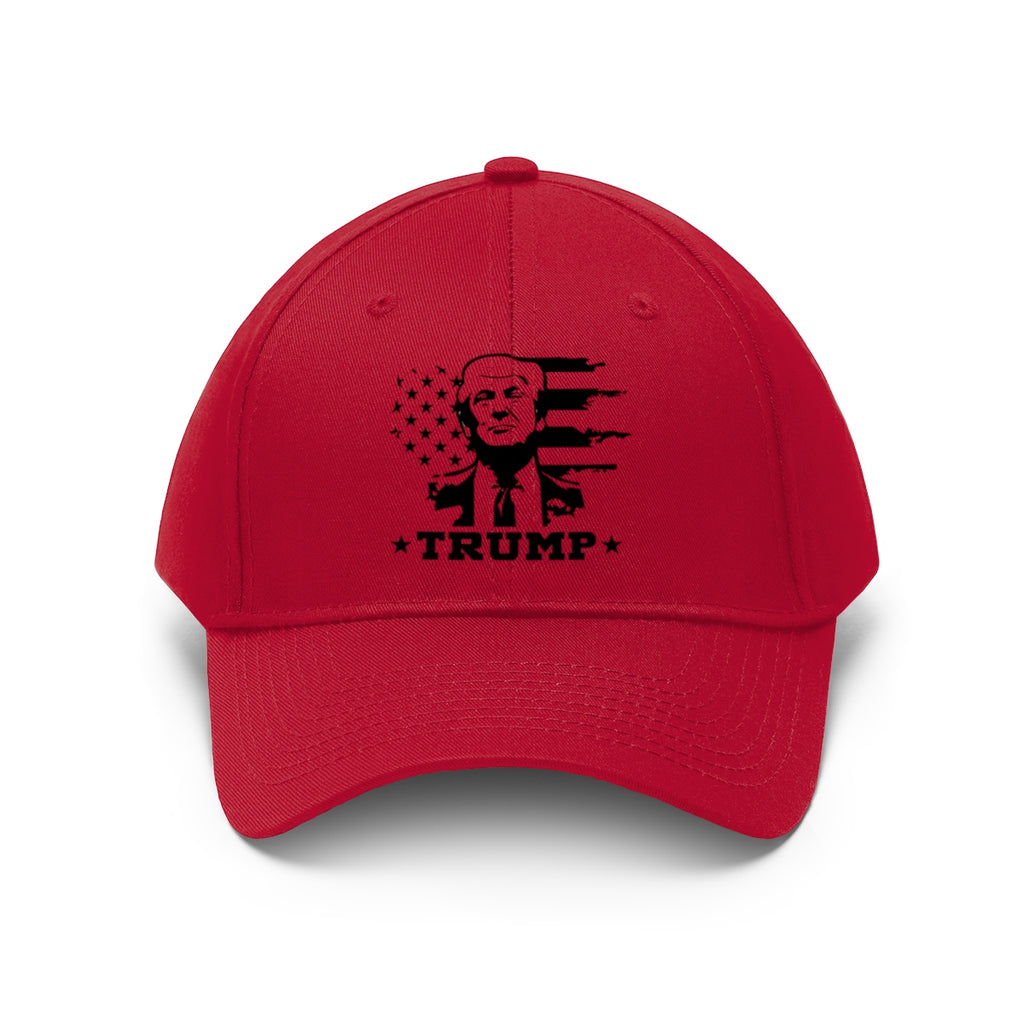 Black White Flag Baseball Cap Featuring Trump 2020 in red with bold graphic design.
