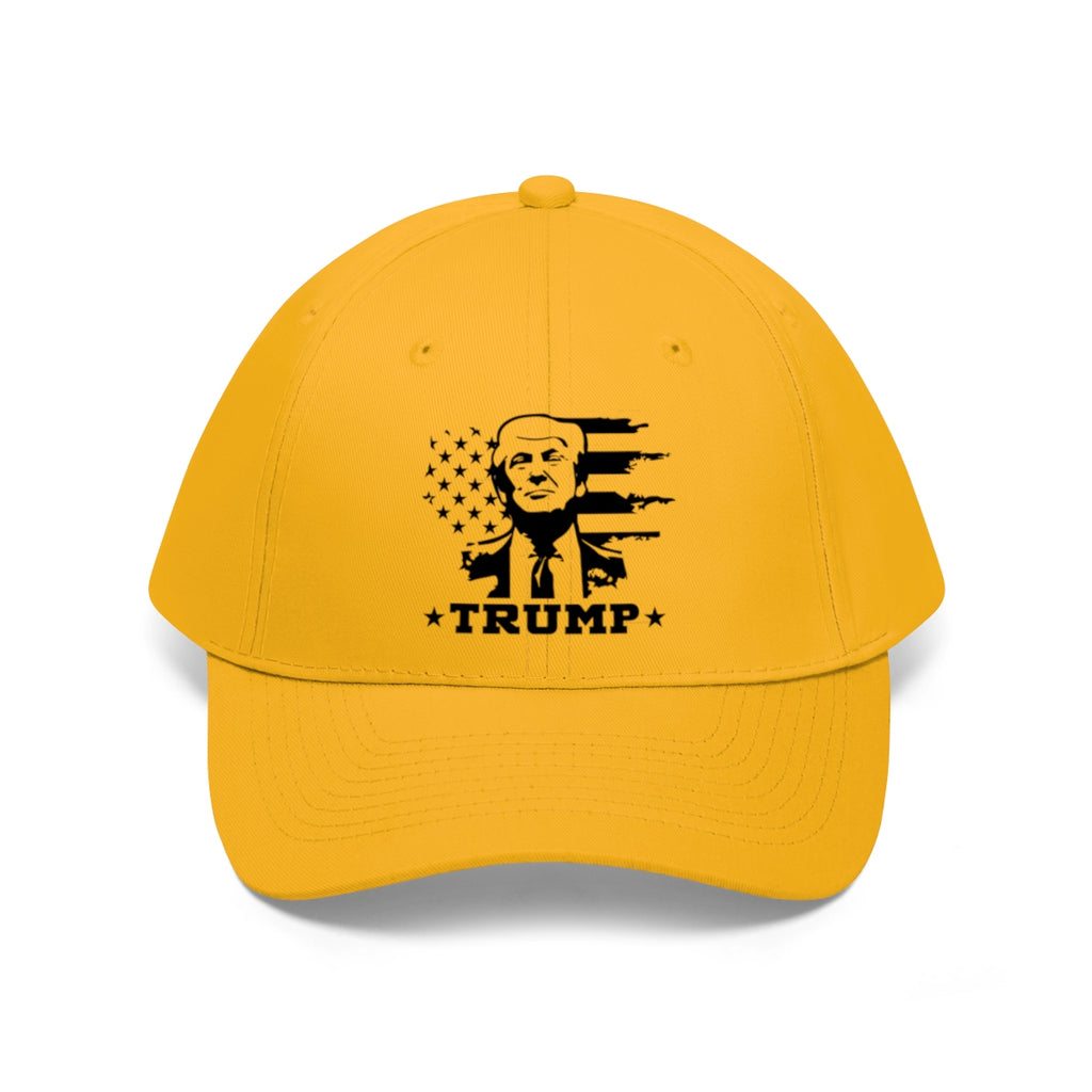 Black White Flag Baseball Cap Featuring Trump 2020 with yellow background and bold design.