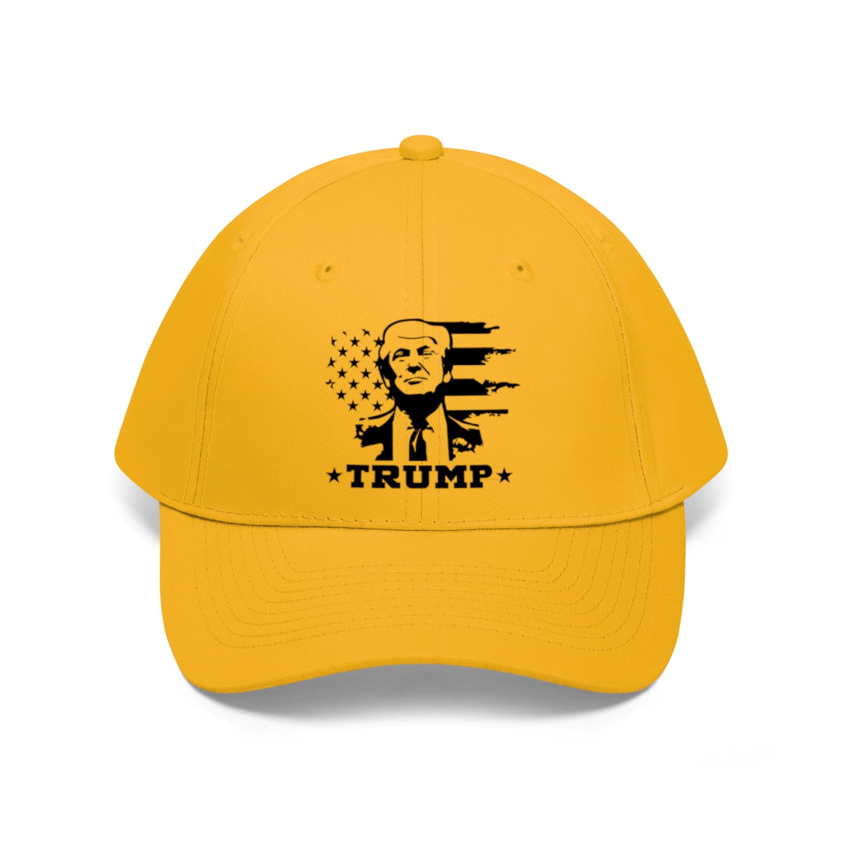 Black White Flag Baseball Cap Featuring Trump 2020 with yellow background and bold design.