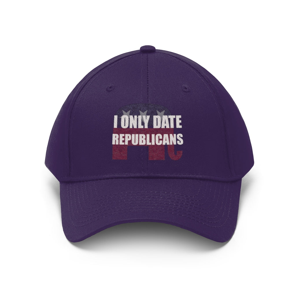 I Only Date Republicans Twill Cap featuring a bold statement on a purple baseball hat.