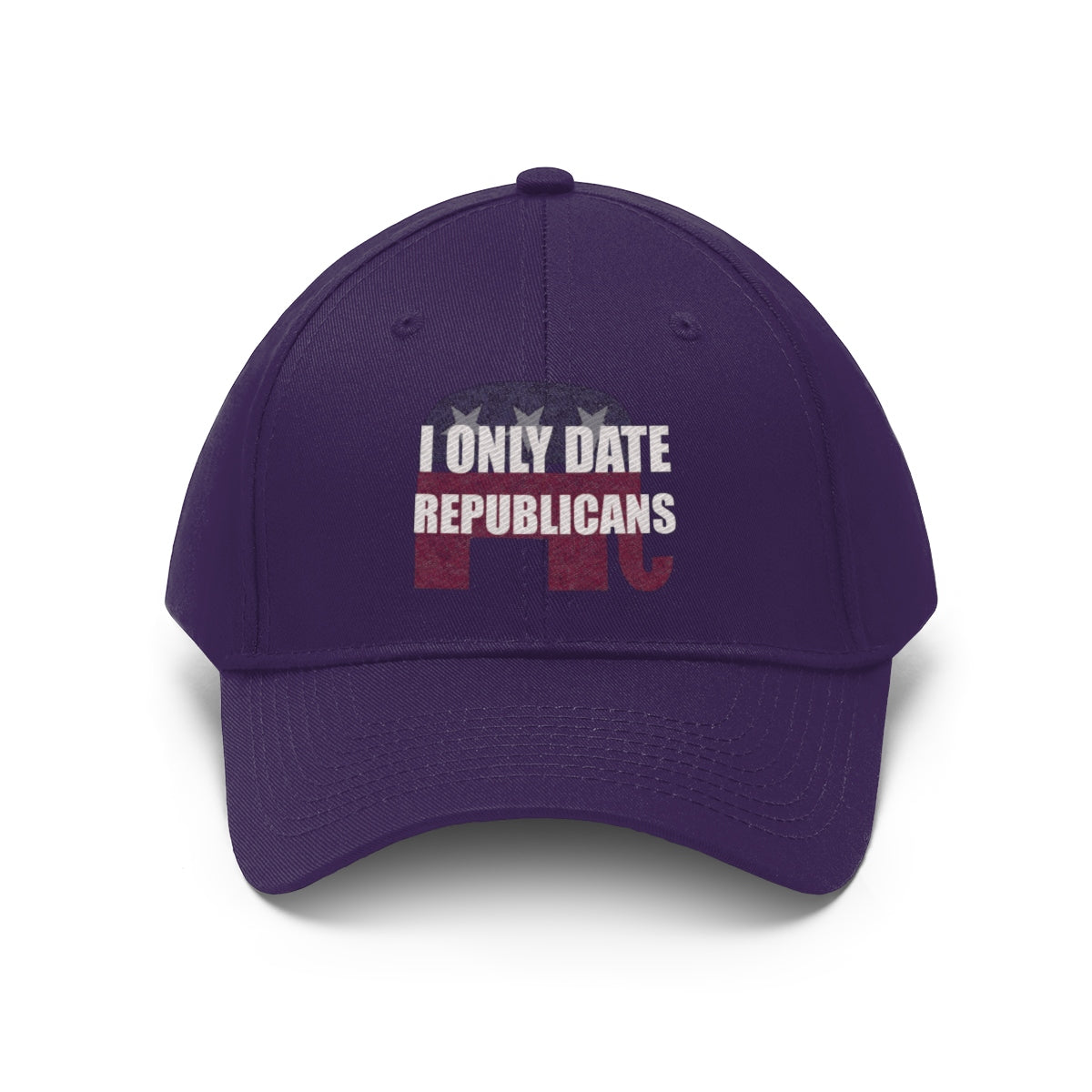 I Only Date Republicans Twill Cap featuring a bold statement on a purple baseball hat.