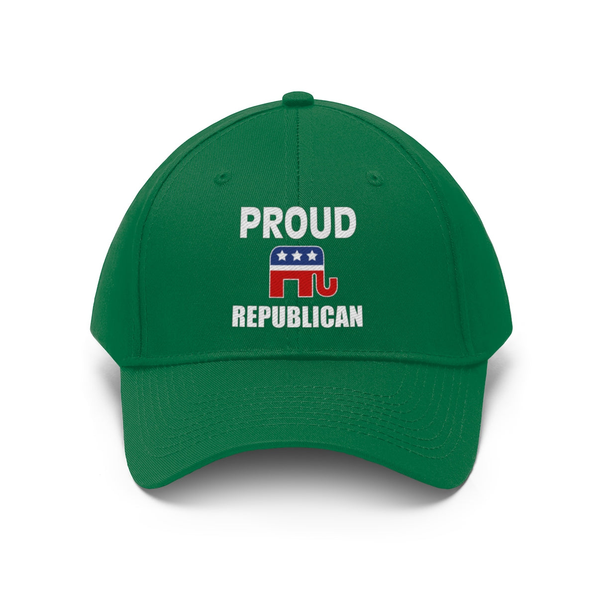 Classic Proud Republican Twill Baseball Cap in green with embroidered text 'PROUD REPUBLICAN' and elephant logo.