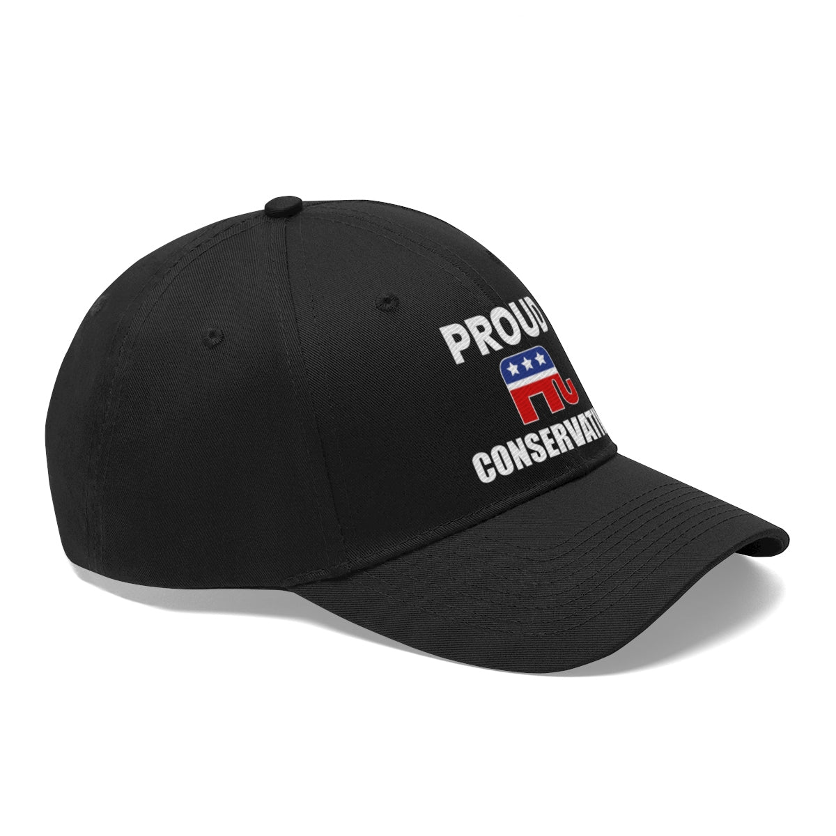 Classic Proud Conservative Twill Baseball Cap displayed in black with a bold political message.