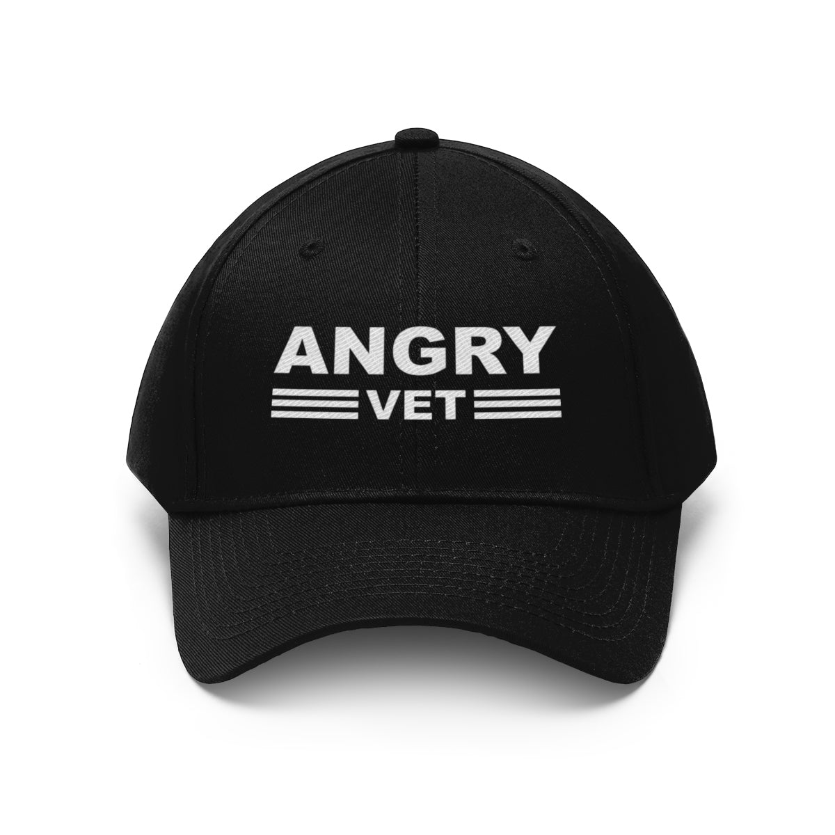 Angry Vet Twill Cap Veteran Pride Graphic Hat displayed in classic black color with bold white lettering.