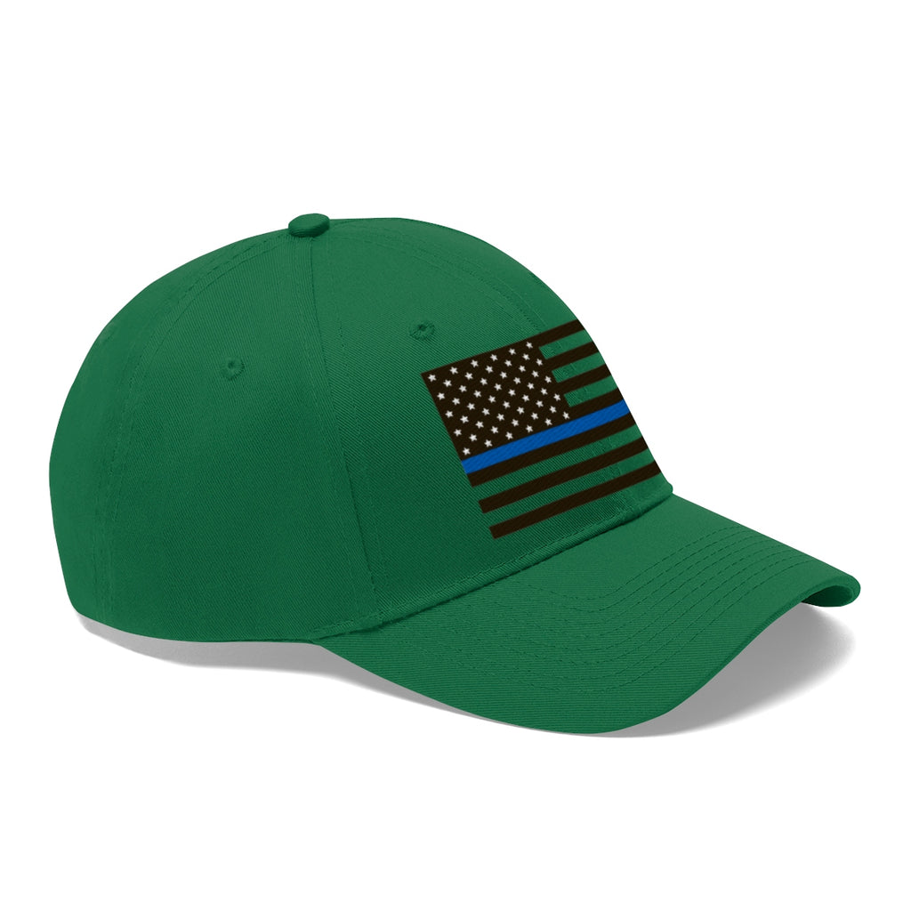 Thin Blue Line American Flag Twill Cap displayed in green color with flag design.